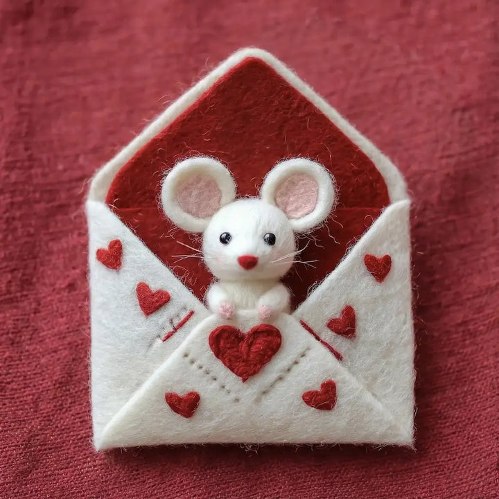 Felt mouse with a heart inside a red and white envelope on a red background
