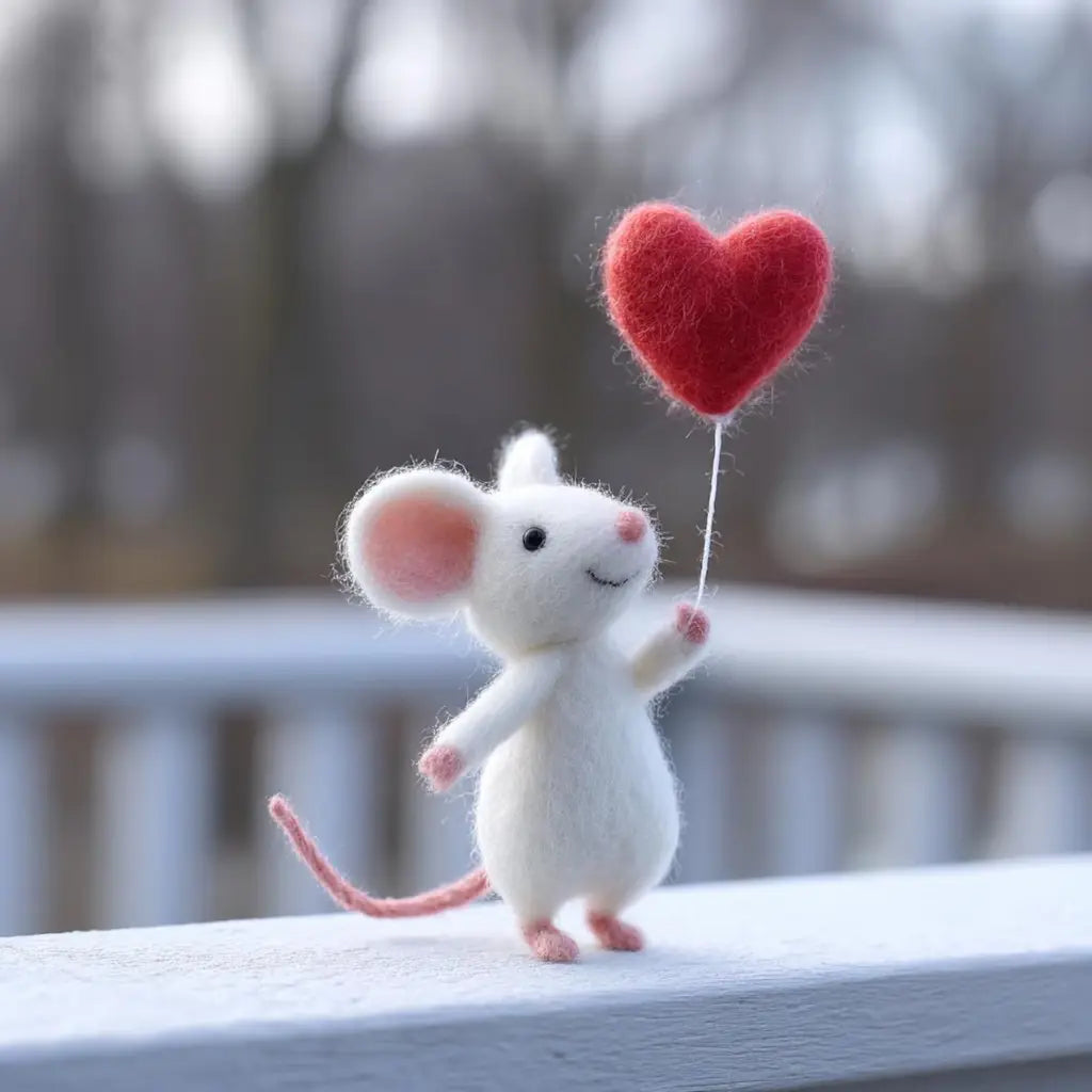 White mouse toy holding a red heart-shaped balloon against a blurred natural background