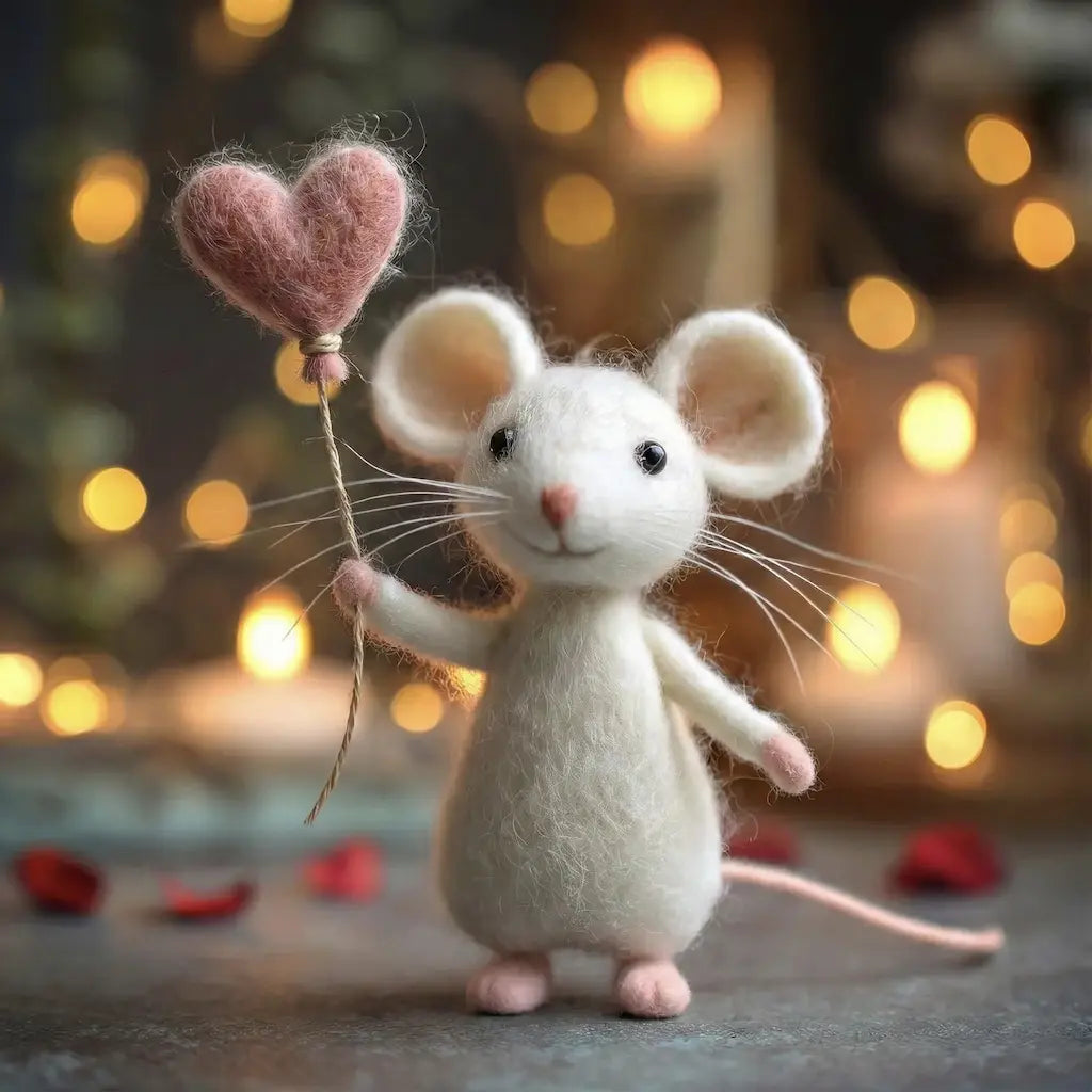 Stuffed mouse holding a heart-shaped balloon with blurred lights in the background