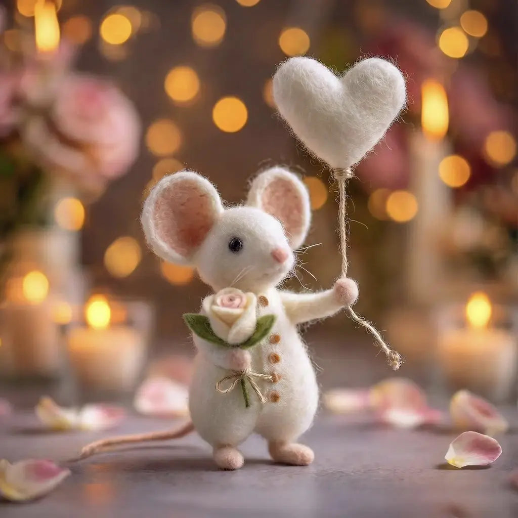 Felted mouse holding a heart-shaped balloon with a blurred festive background