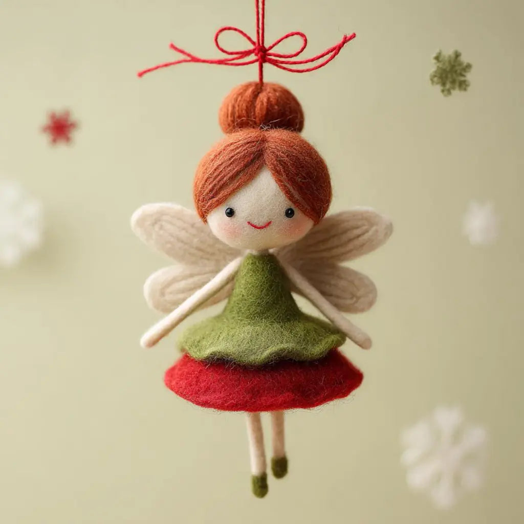 Felt fairy ornament with red hair, green dress, and red skirt on a beige background.