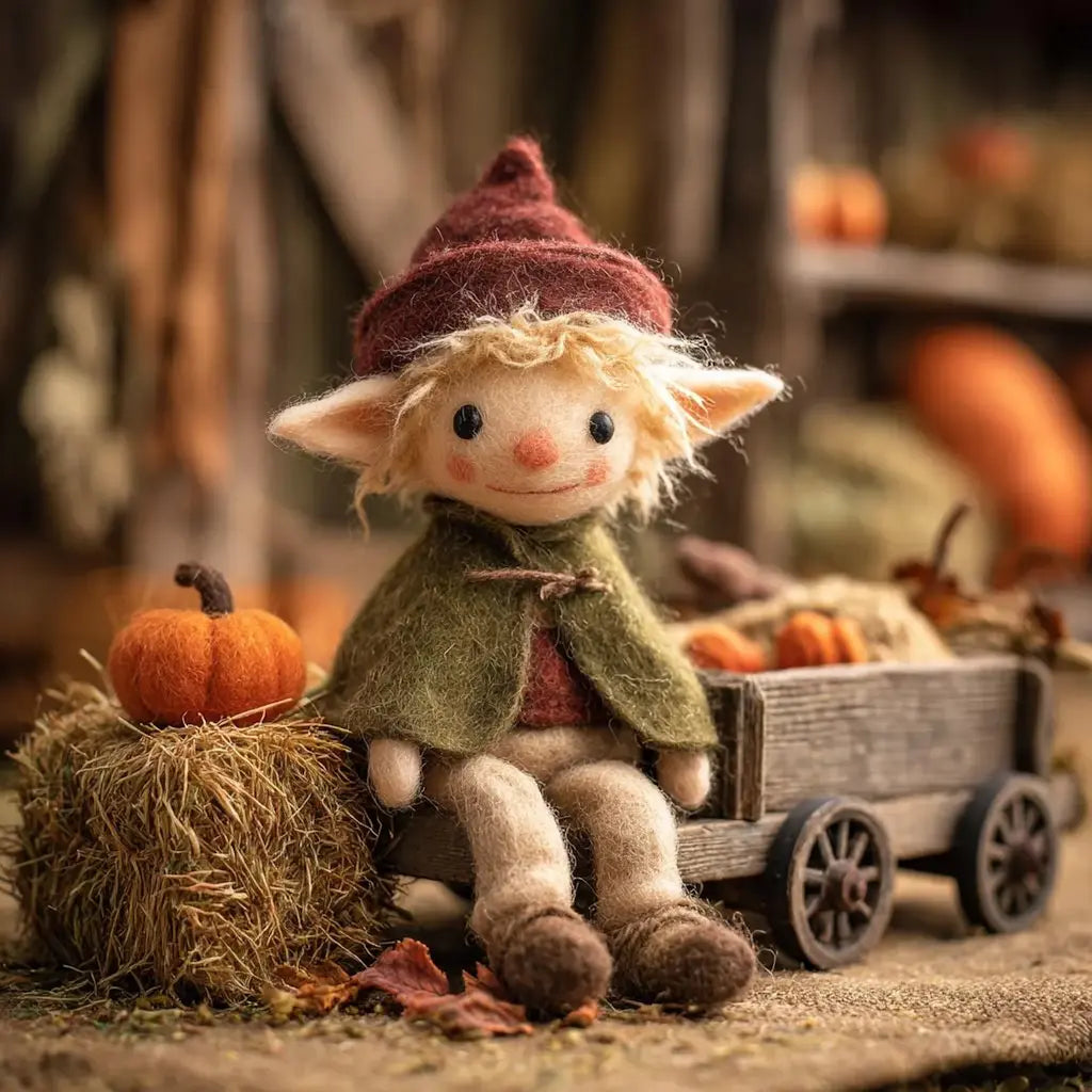 Rustic Elf Handcrafted Felt Woodland Elf Figurine - Rustic Green Cape Decor