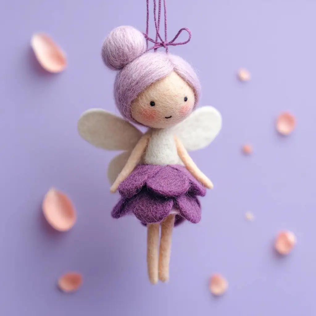 Felt fairy doll with purple hair and wings on a light purple background
