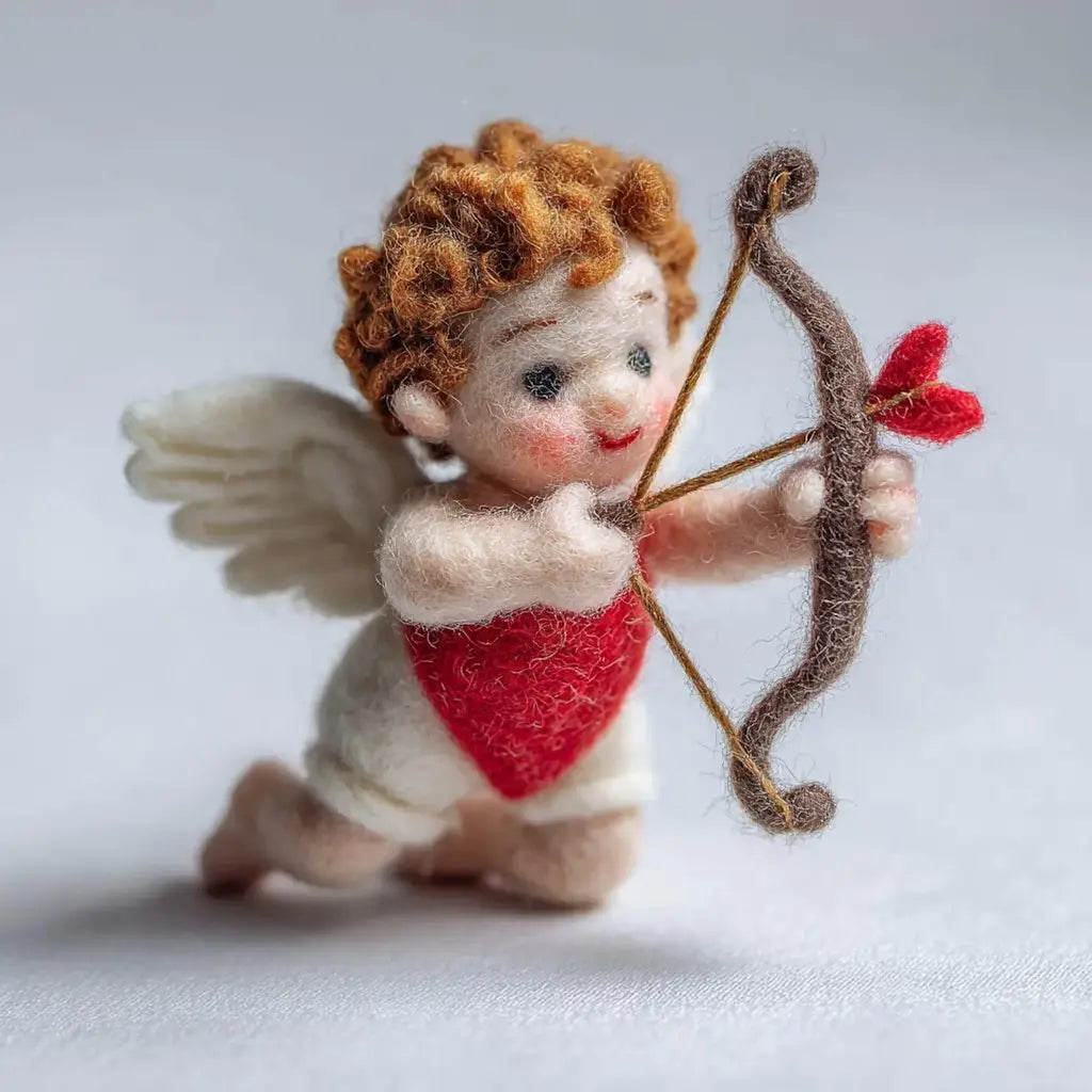 Felted angel figurine with bow and heart on a white background