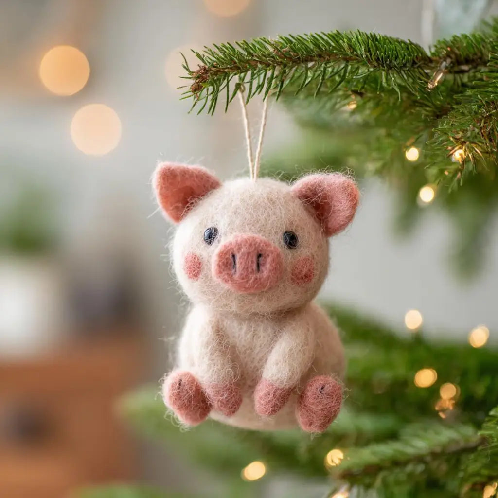 Felted pig ornament hanging on a Christmas tree branch with blurred lights in the background