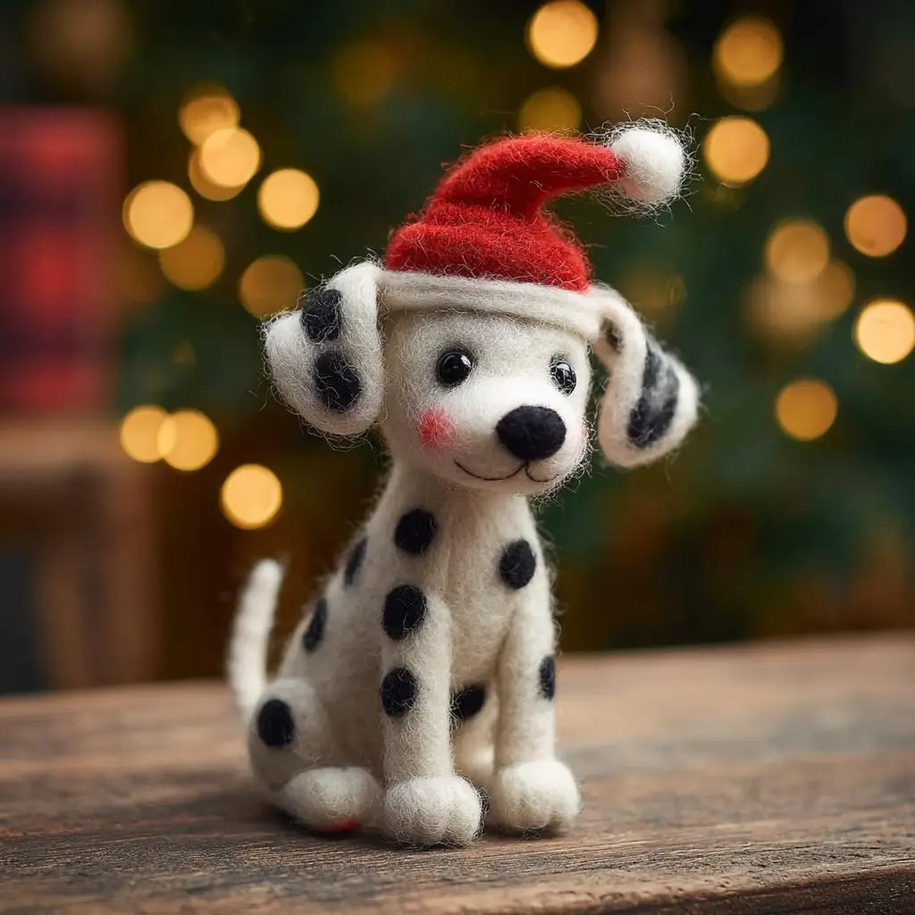 Toy dog wearing a Santa hat with a blurred festive background