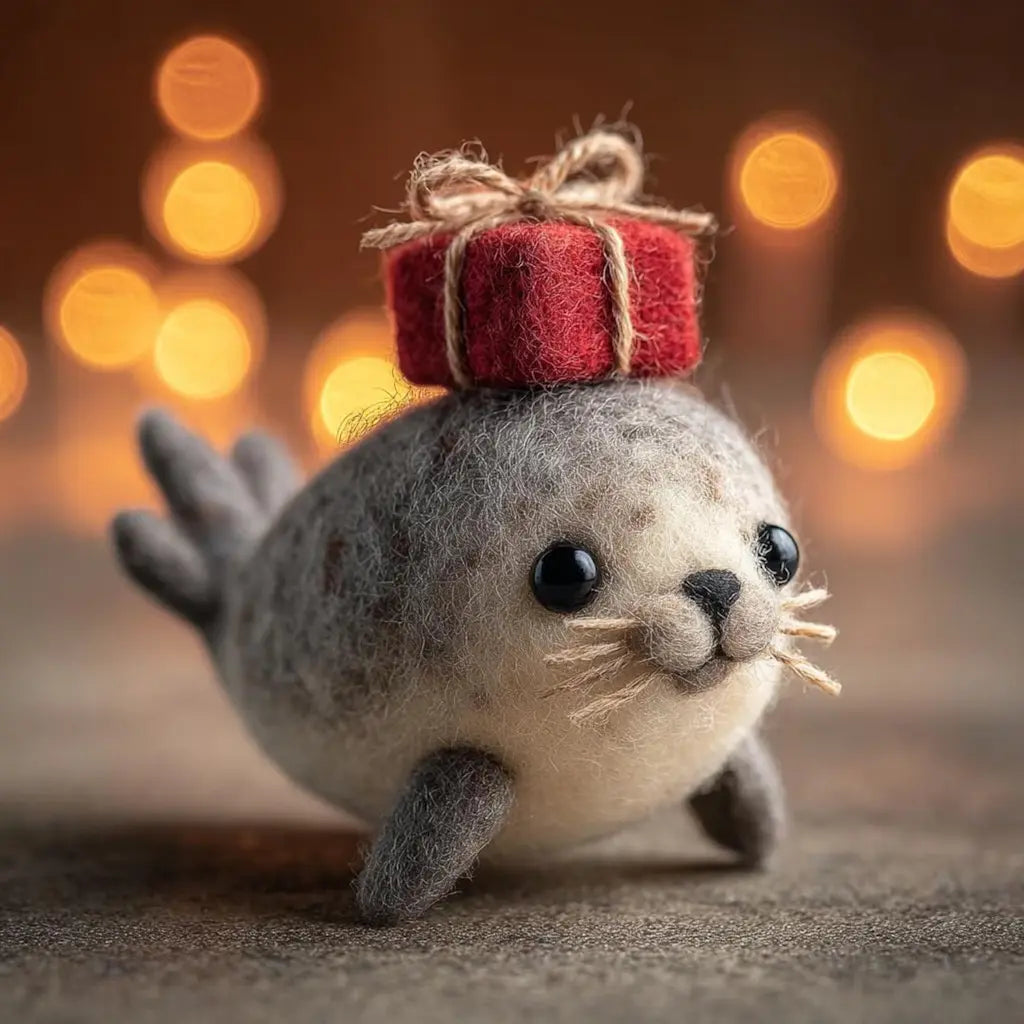 Toy seal with a red gift box on its head against a blurred warm light background