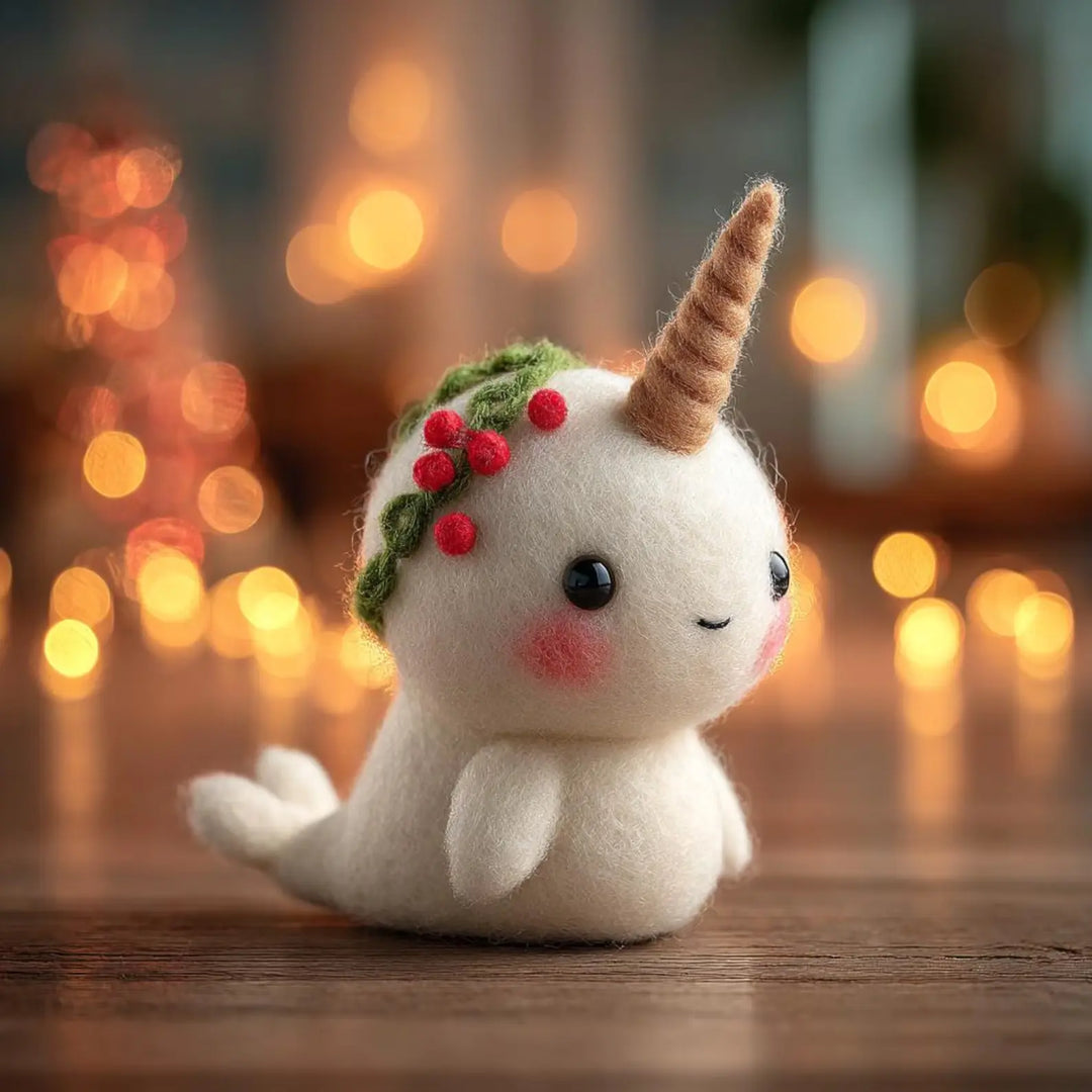 Cute plush toy with a unicorn horn and floral wreath on a wooden surface with a blurred festive background.