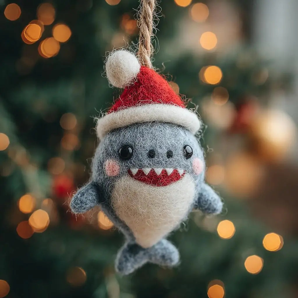 Felt shark ornament wearing a Santa hat against a blurred Christmas tree background