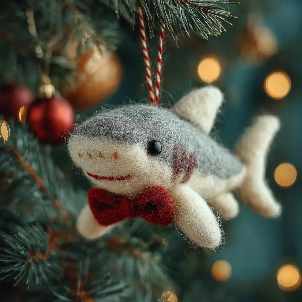 Knitted shark ornament with a red bow tie hanging on a Christmas tree.
