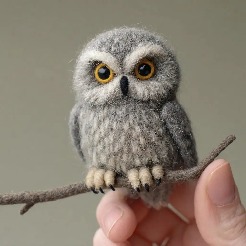 Felted owl toy on a branch held by a hand against a neutral background