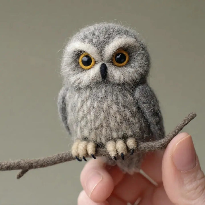Felted owl toy on a branch held by a hand against a neutral background