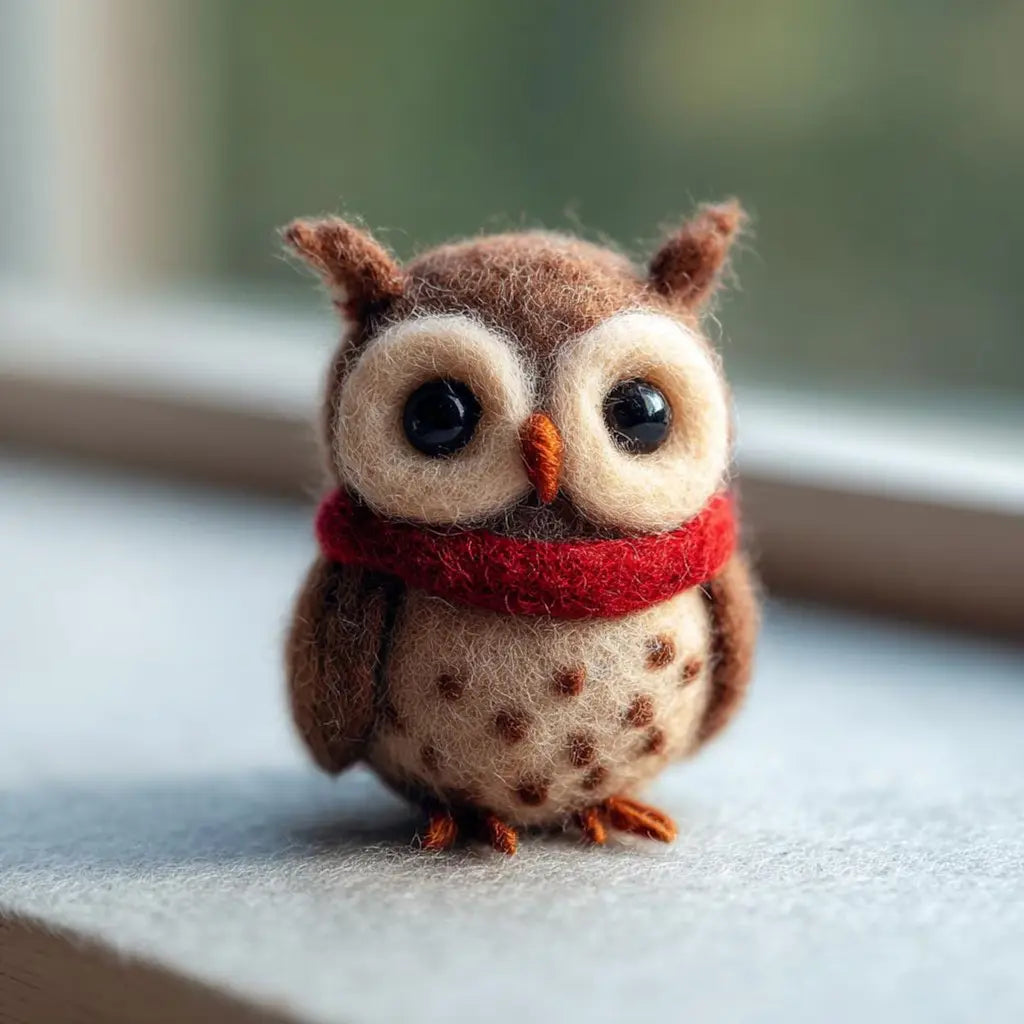 Small owl figurine with a red scarf on a light surface