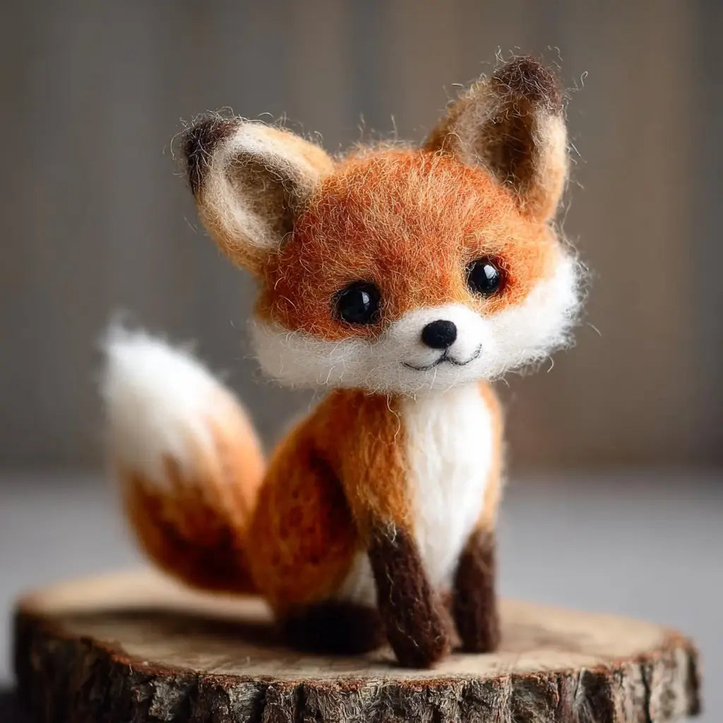 Felted fox toy on a wooden stump with a blurred background