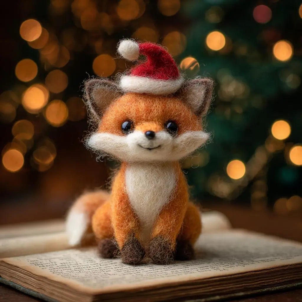 Felted fox toy wearing a Santa hat on an open book with a blurred Christmas tree in the background.