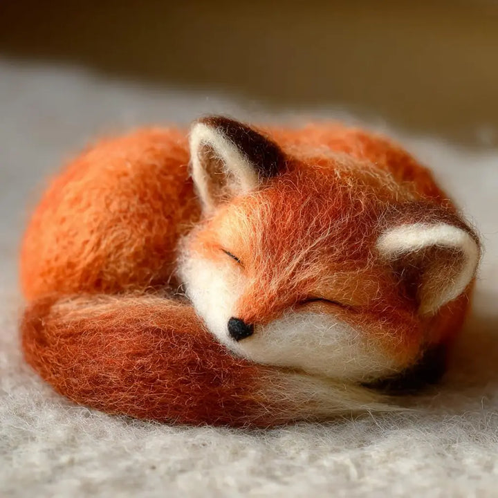 Sleeping fox plush toy on a soft surface