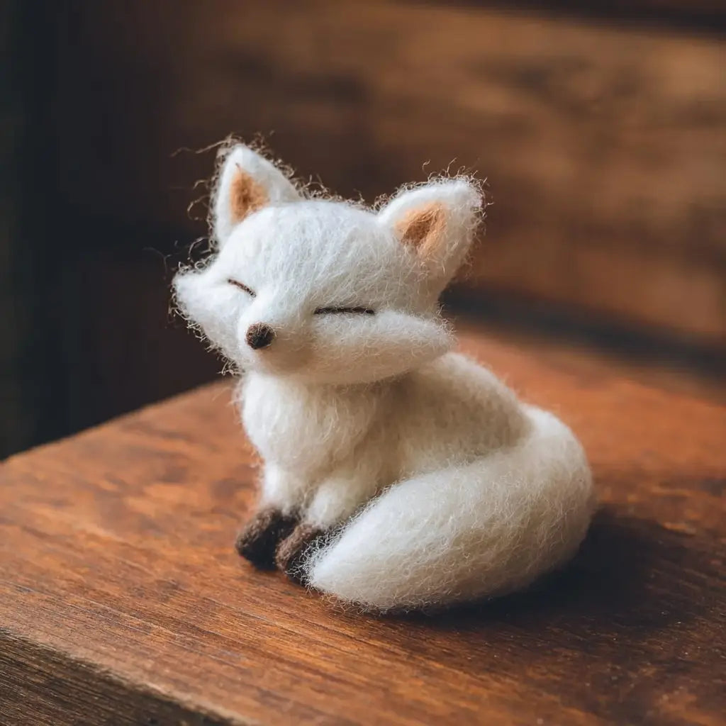 White fox figurine with closed eyes on a wooden surface