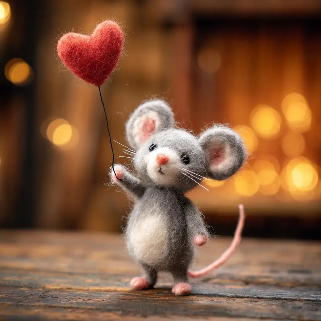 Toy mouse holding a heart-shaped balloon against a warm, blurred background