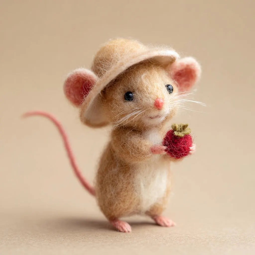Small mouse figurine wearing a hat and holding a flower on a beige background