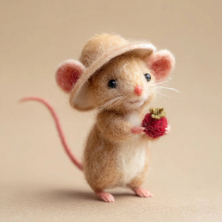 Small mouse figurine wearing a hat and holding a flower on a beige background