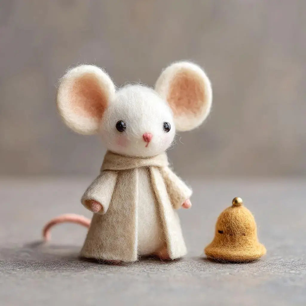Felted mouse figurine wearing a coat next to a small bell on a neutral background