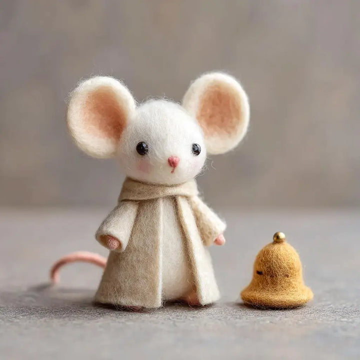 Felted mouse figurine wearing a coat next to a small bell on a neutral background