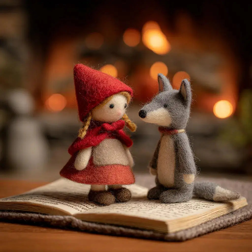 Felt figurines of a girl in red and a wolf on an open book with a fireplace in the background