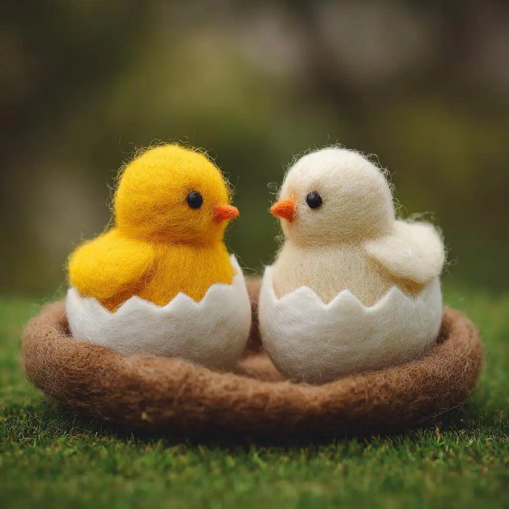 Two felted chicks in eggshells on a grassy background