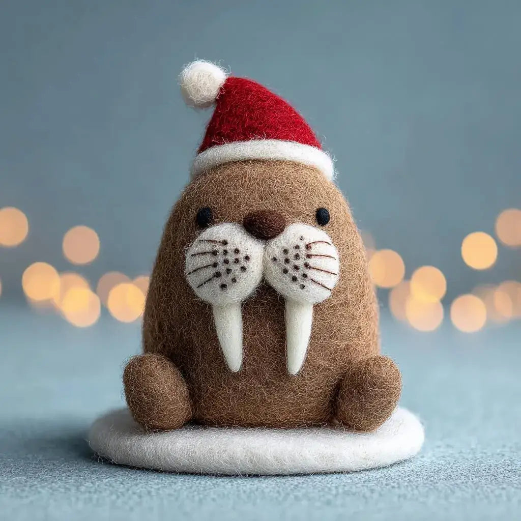Felted walrus toy wearing a Santa hat with a blurred light background