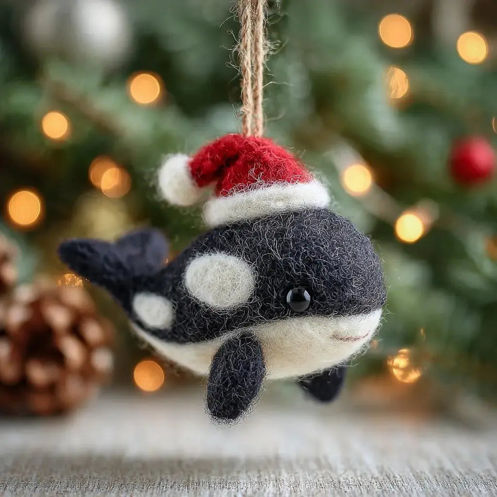 Felted whale ornament with Santa hat hanging against a Christmas tree background.