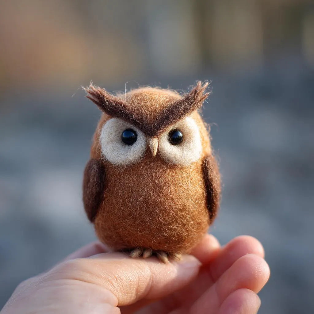 Small brown owl plush toy held in a hand with a blurred natural background