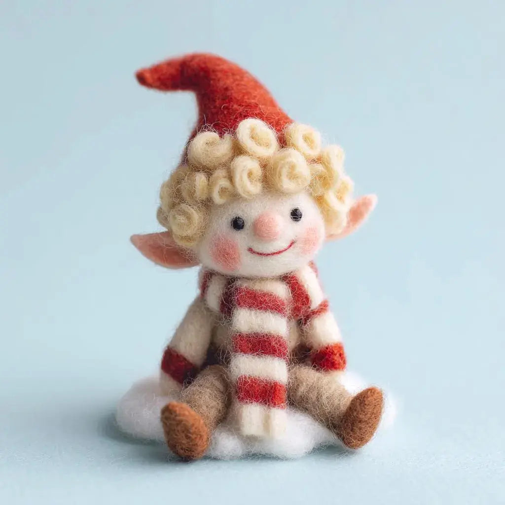 Toy elf with red and white striped outfit on a light blue background