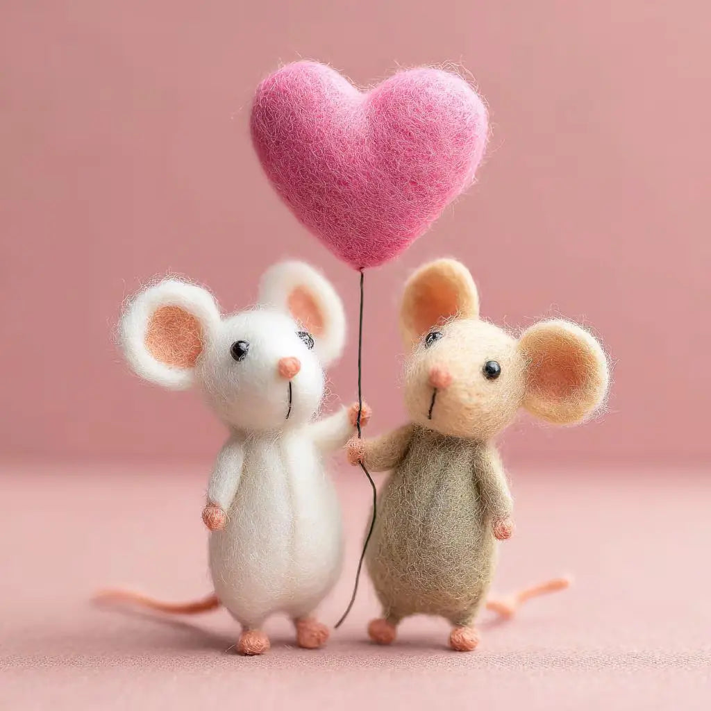 Two toy mice holding a pink heart balloon against a pink background