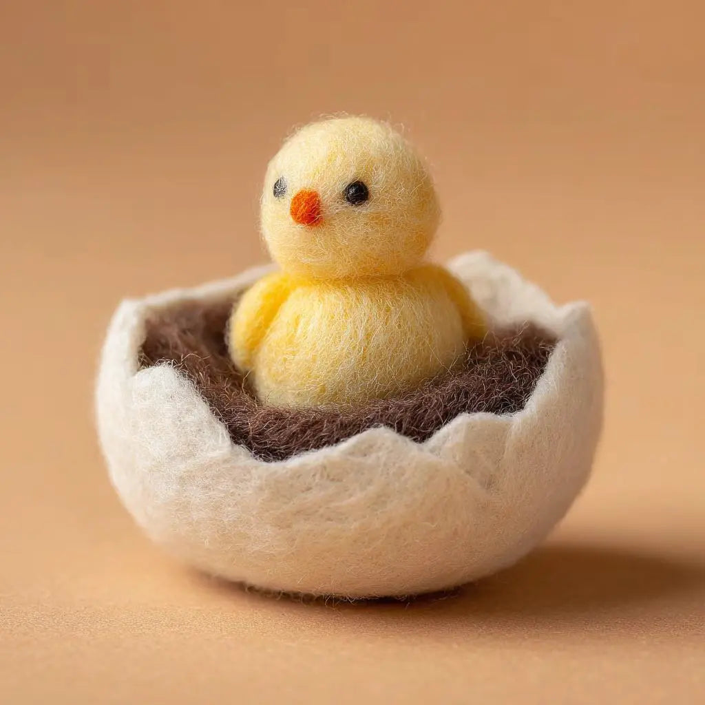 Small yellow chick figure inside an open white egg on a beige background