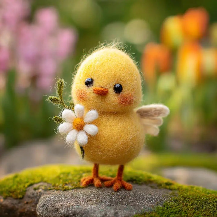 Toy chick holding a flower with a blurred floral background