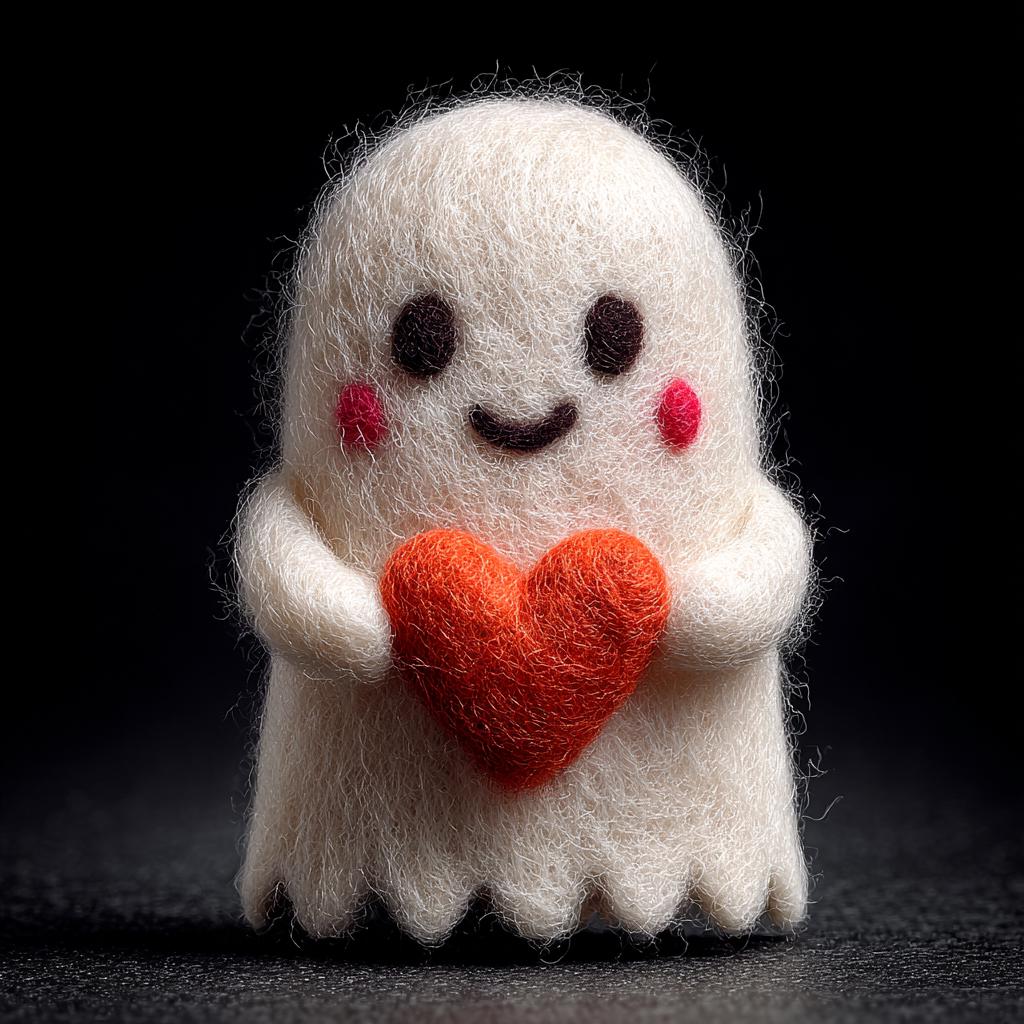 White plush ghost toy with a red heart on a black background