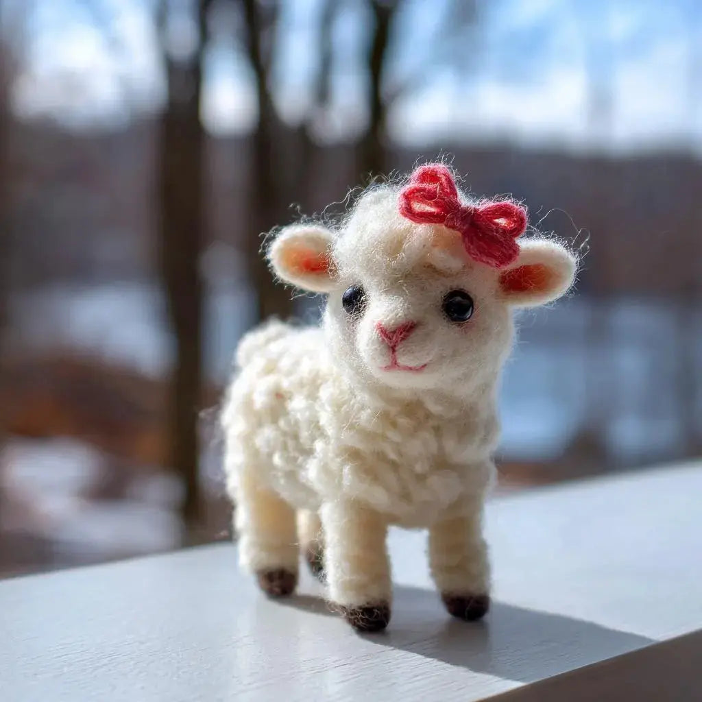 Small white lamb figurine with a red bow on a blurred background