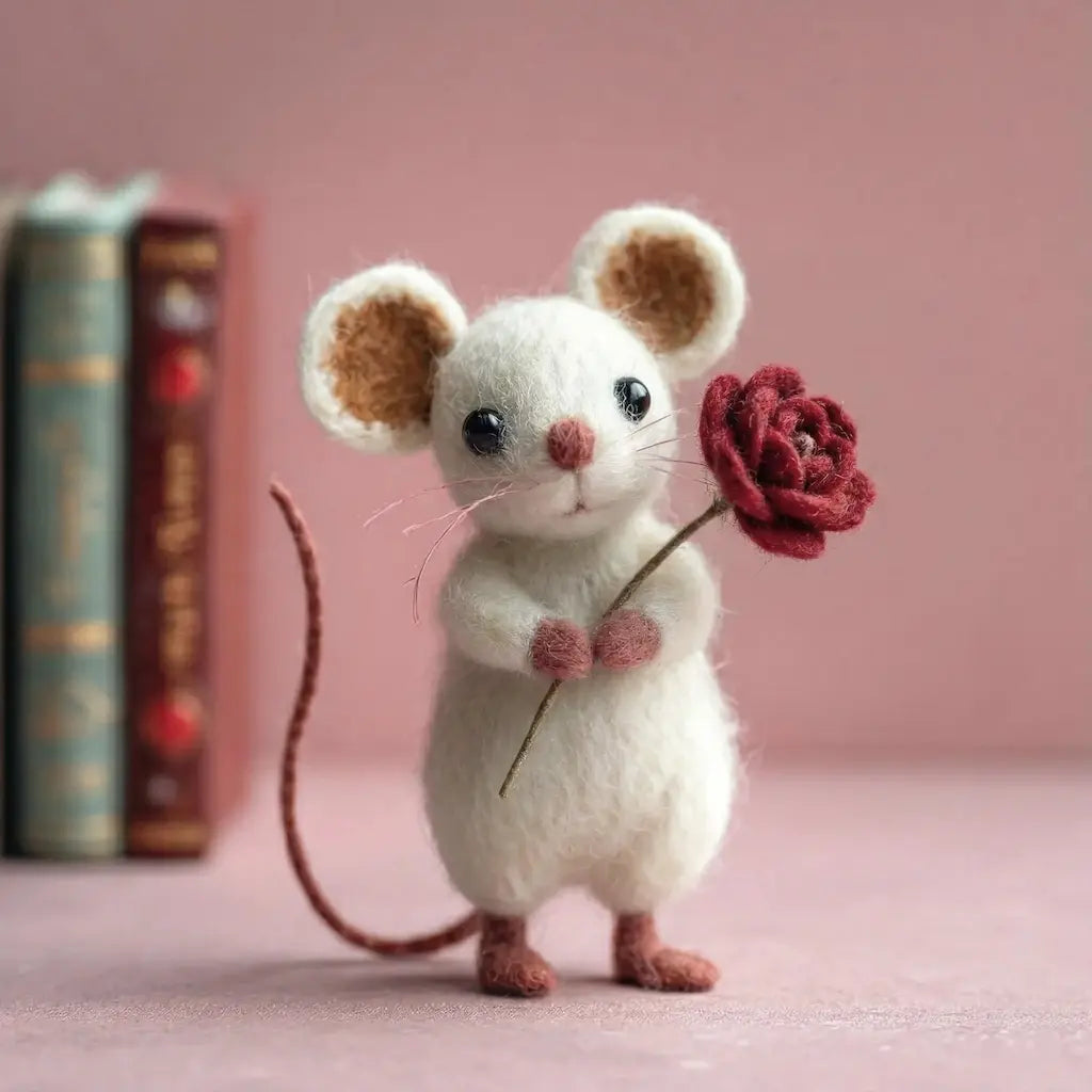 Stuffed mouse toy holding a red flower against a pink background with books.