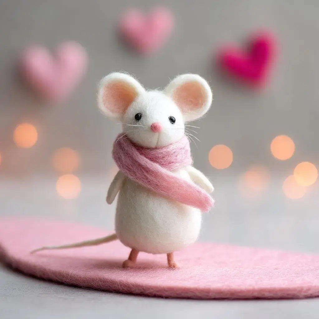 Stuffed mouse toy wearing a pink scarf with heart-shaped lights in the background