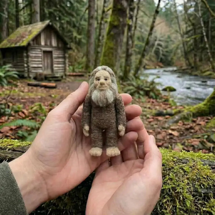 Hand holding a small figurine of a bearded man in a forest setting with a cabin and stream.