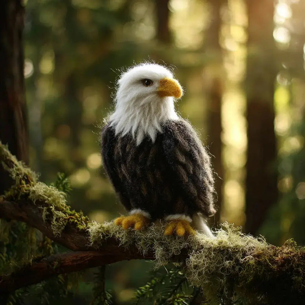 Felted Bald Eagle perched on a branch with a forest background