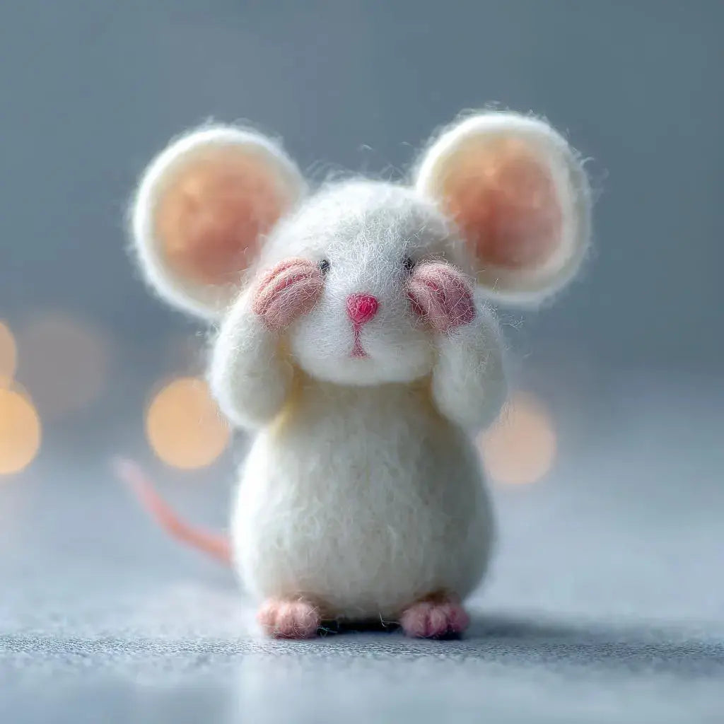 White mouse figurine with pink accents on a gray background