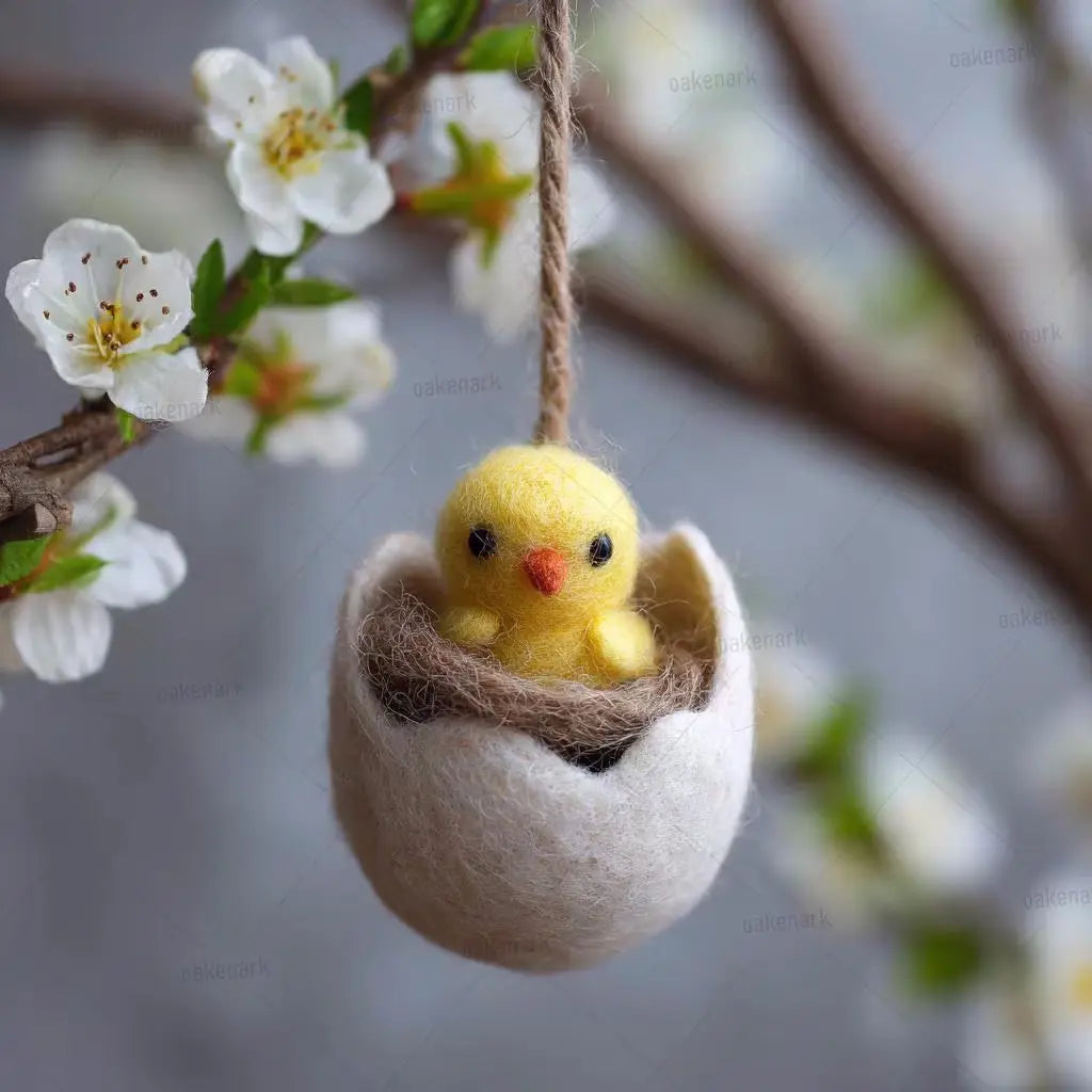 Small yellow chick in a felted egg with floral background