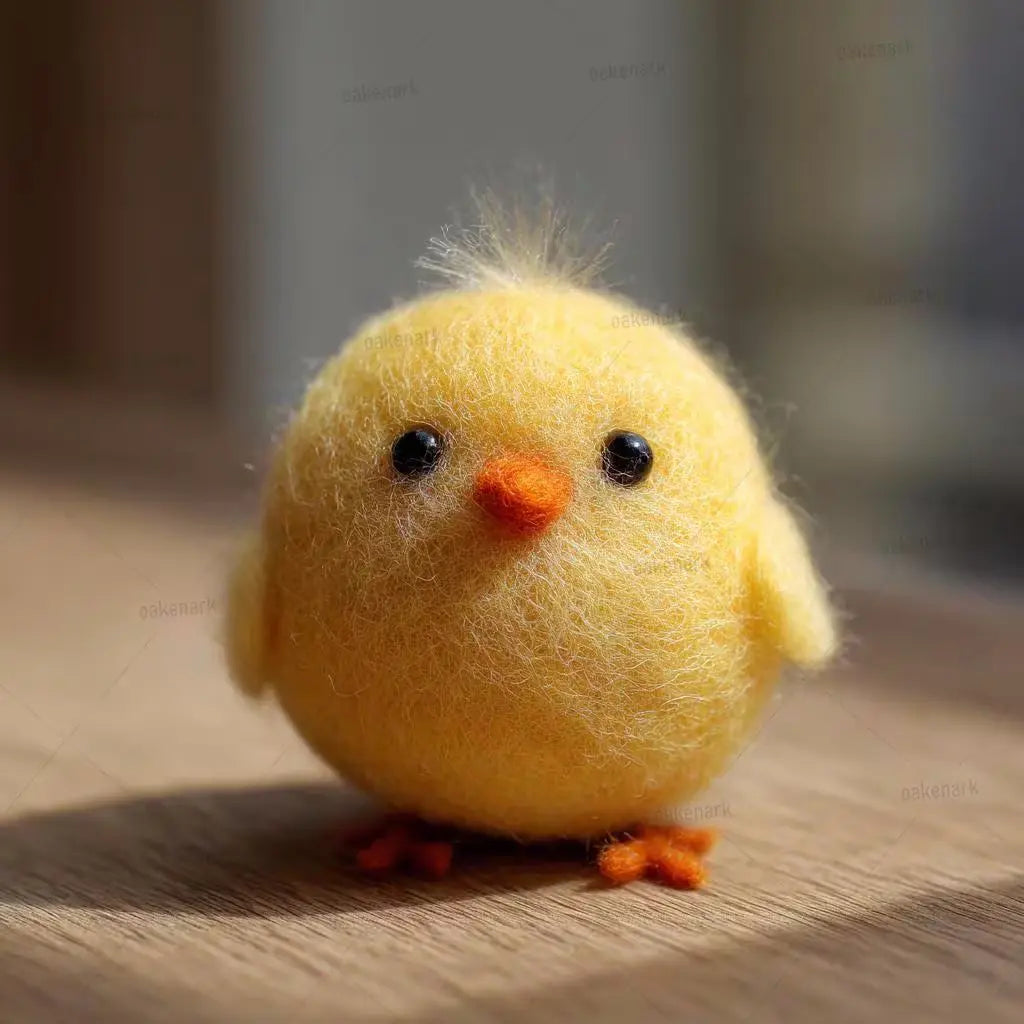 Yellow felted chick toy on a wooden surface with a blurred background