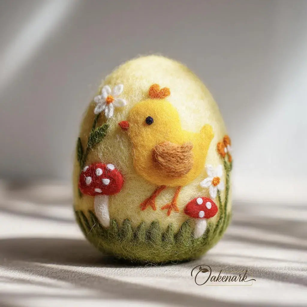 Decorative egg with a chick design on a soft surface