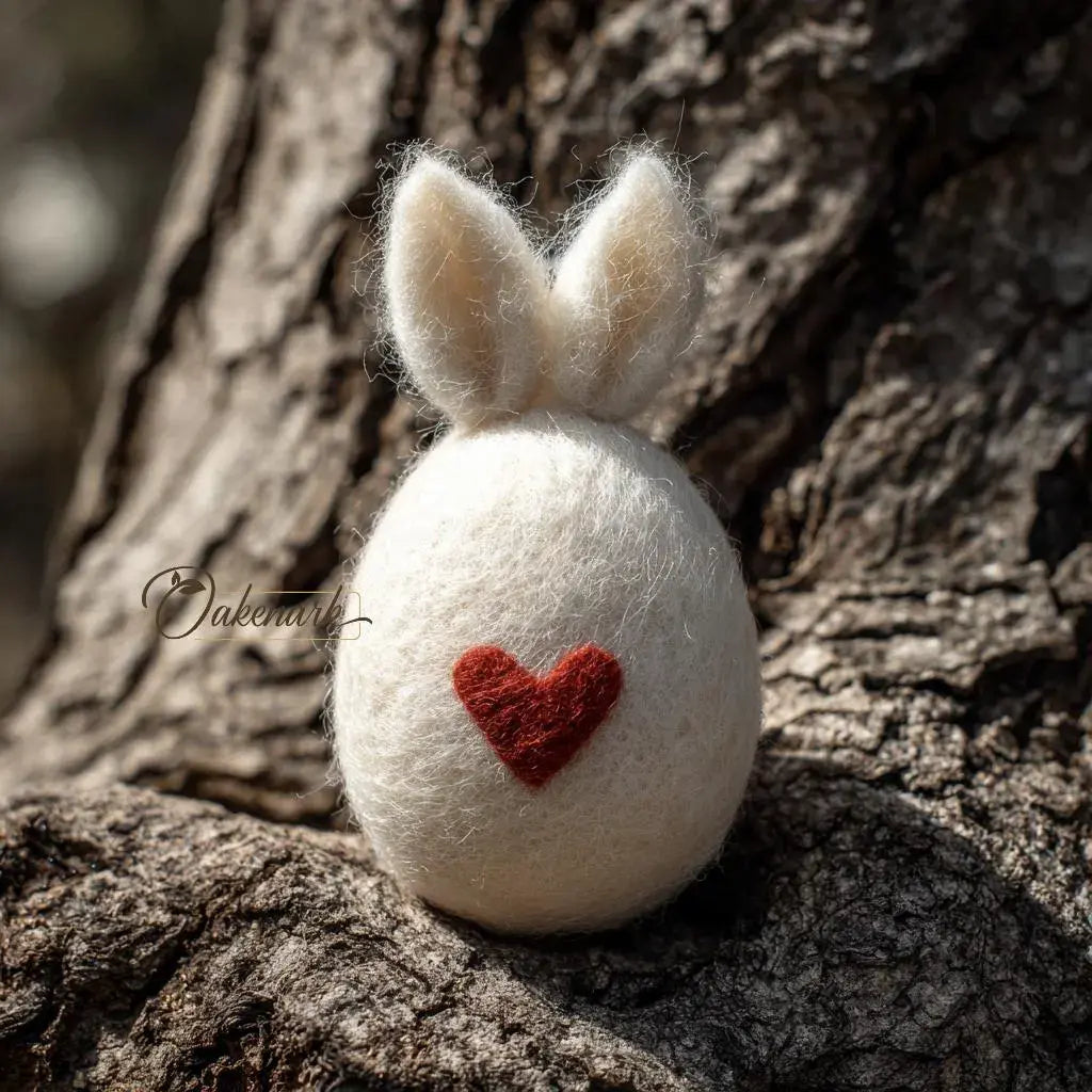 White felted ball with a red heart on a tree trunk