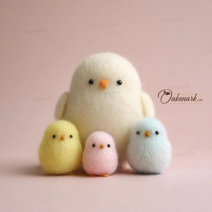 Three fluffy toy chicks in yellow, pink, and blue on a pink background with &