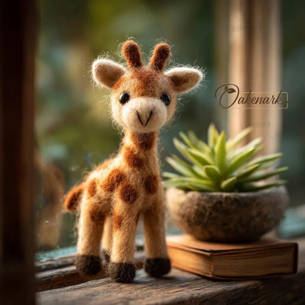 Felted giraffe toy on a wooden surface with a plant in the background