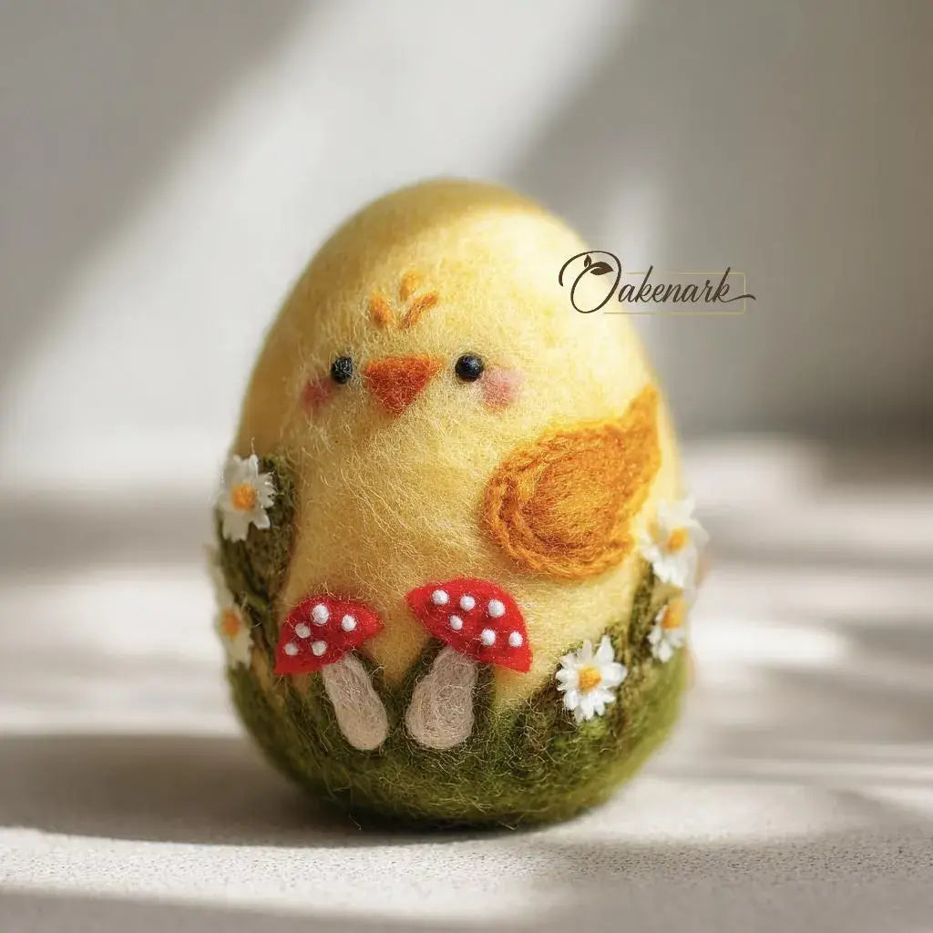 Felted chick figurine with flowers and mushrooms on a wooden surface, brand 'Oakenark' visible.