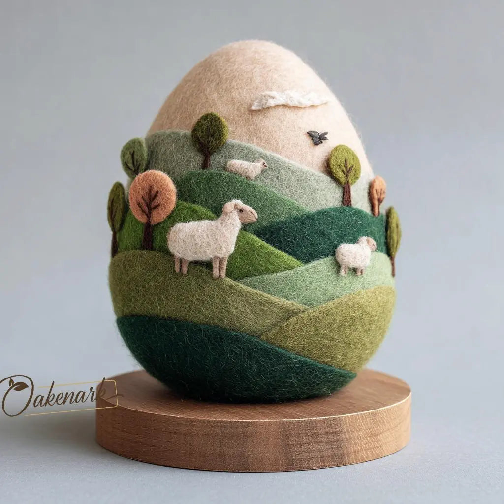 Felted landscape sculpture with sheep and trees on a gray background